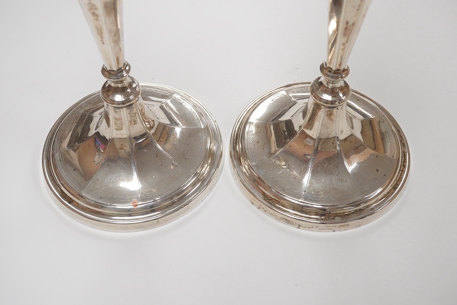 A pair of Edwardian silver candlesticks, by Fordham & Faulkner, Sheffield, 1905, 20.4cm, weighted. Condition - fair